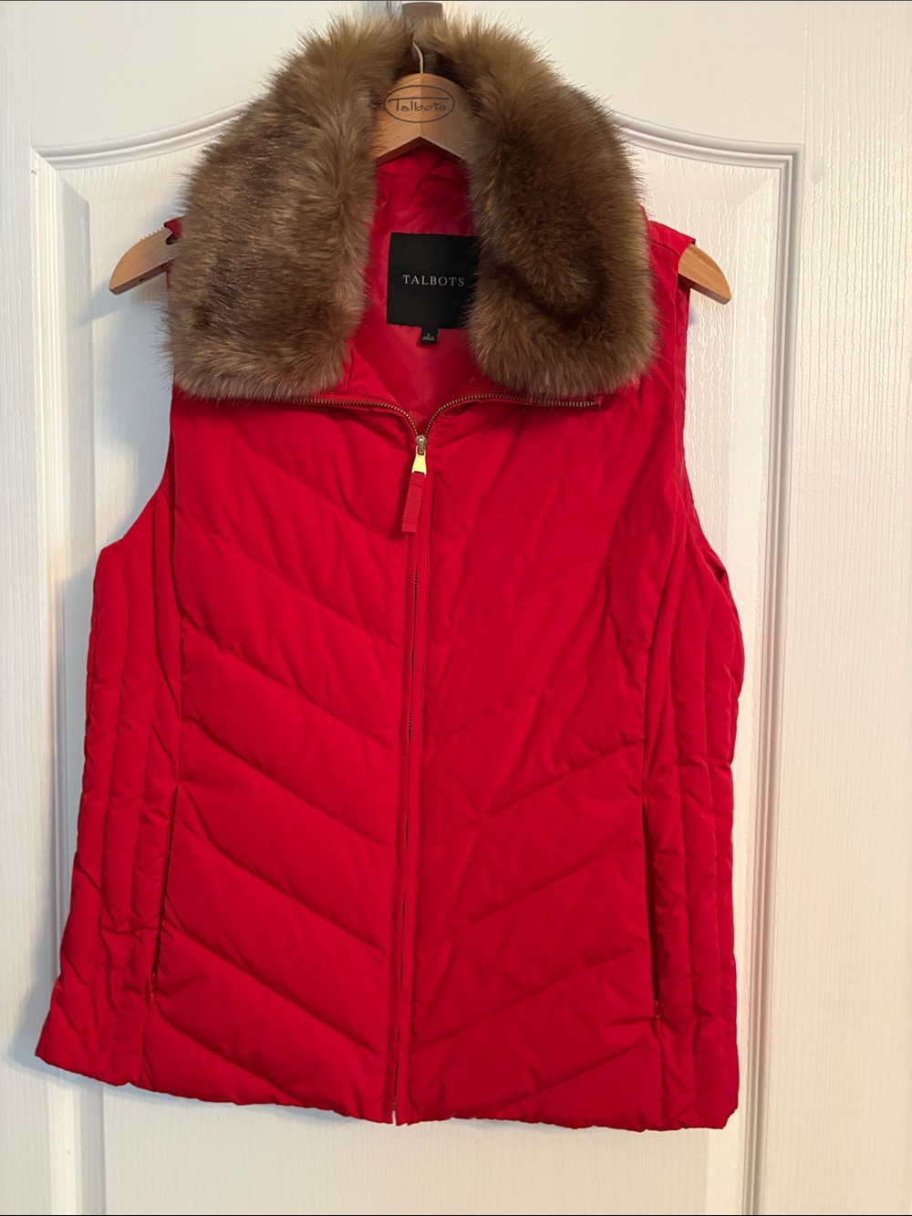 Talbots Red Puffer Vest with Faux Fur Trim Large